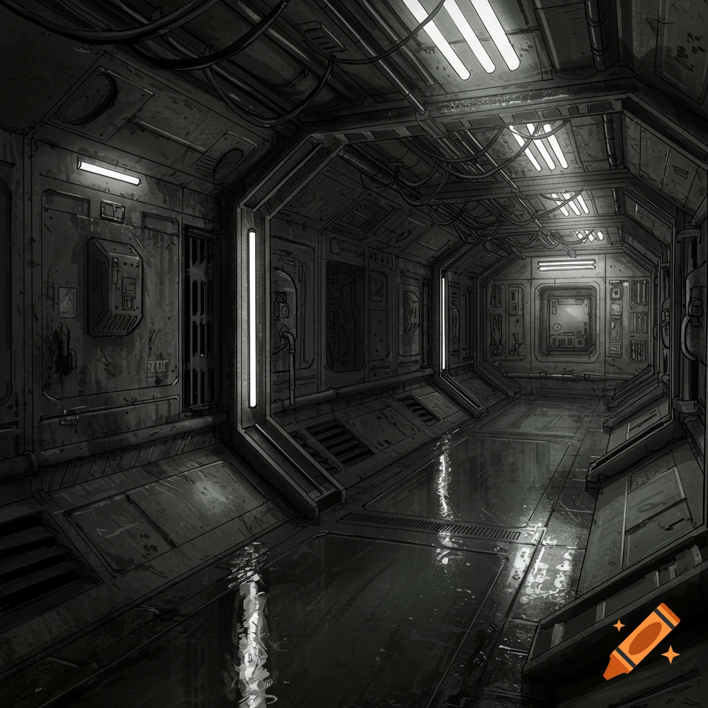 Dark, grungy spaceship corridor with wet floor reflections, in graphic novel style.
