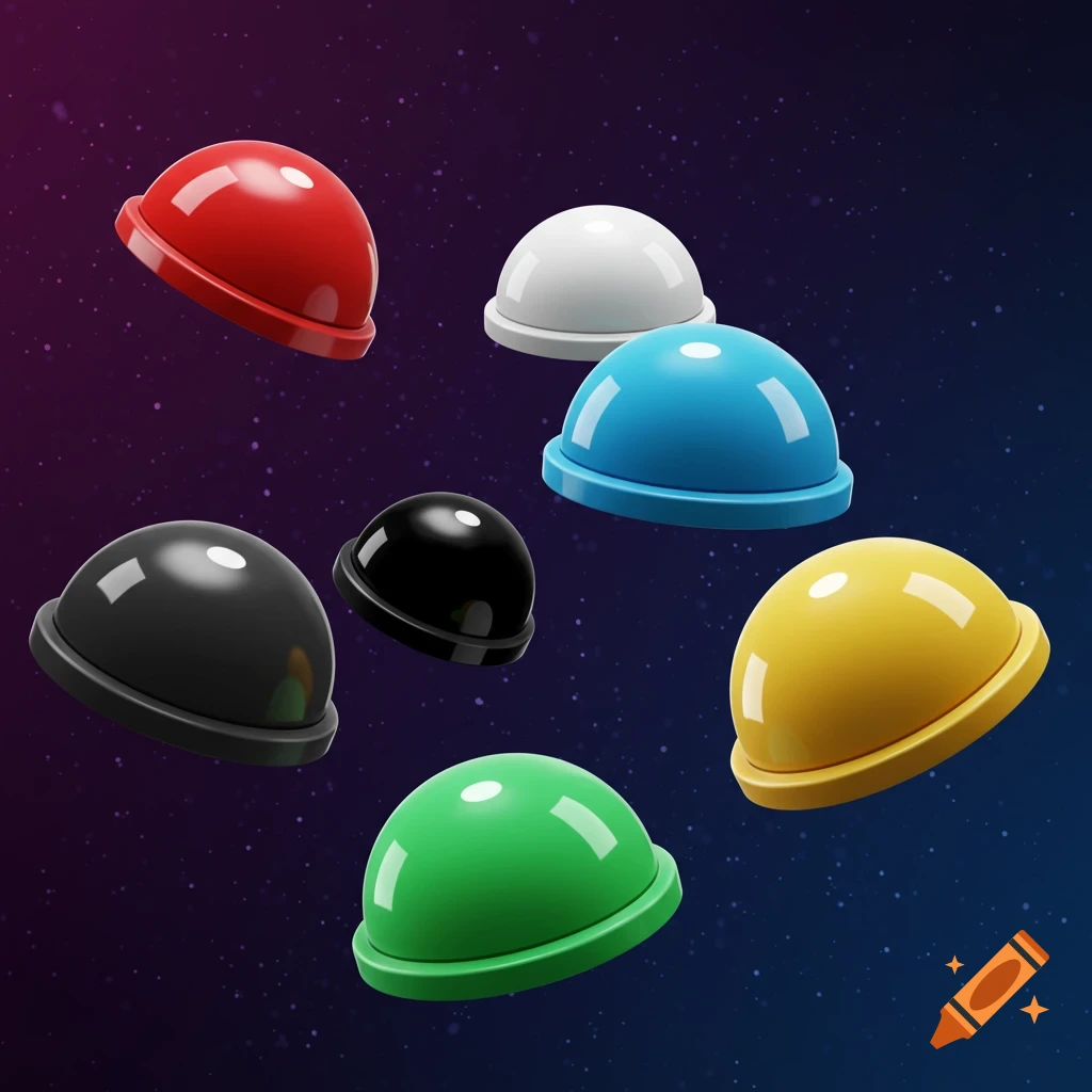 3D dome icons in red, white, black, blue, green, and yellow floating in space.