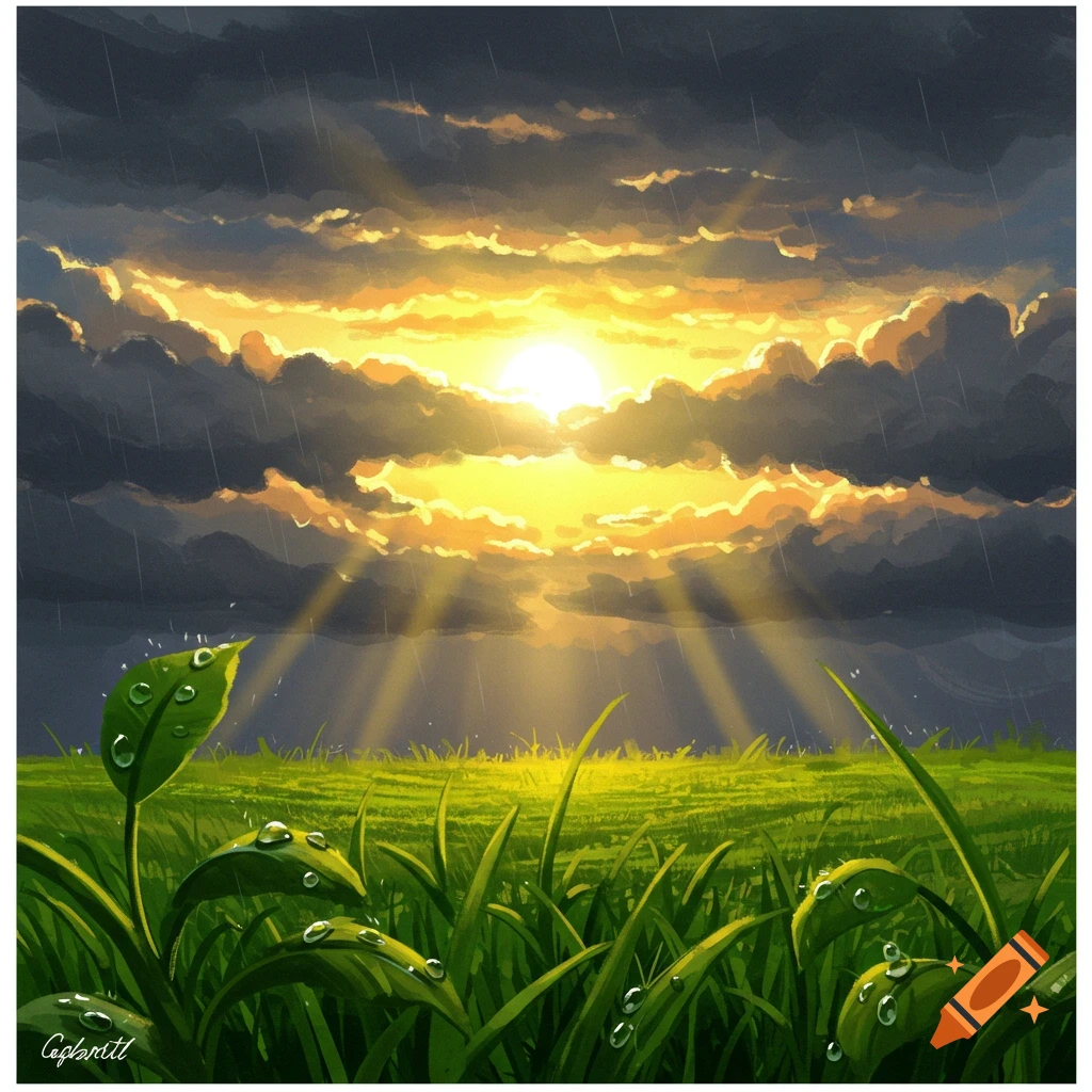 Sunbeams breaking through stormy clouds over a grassy field with raindrops on leaves.