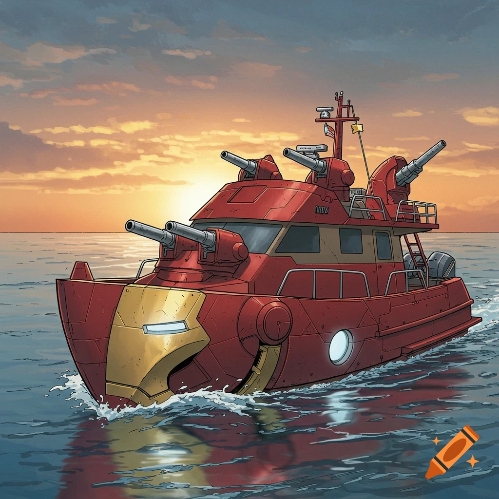 A red and gold boat designed like Iron Man armor with cannons sails on the ocean at sunset.