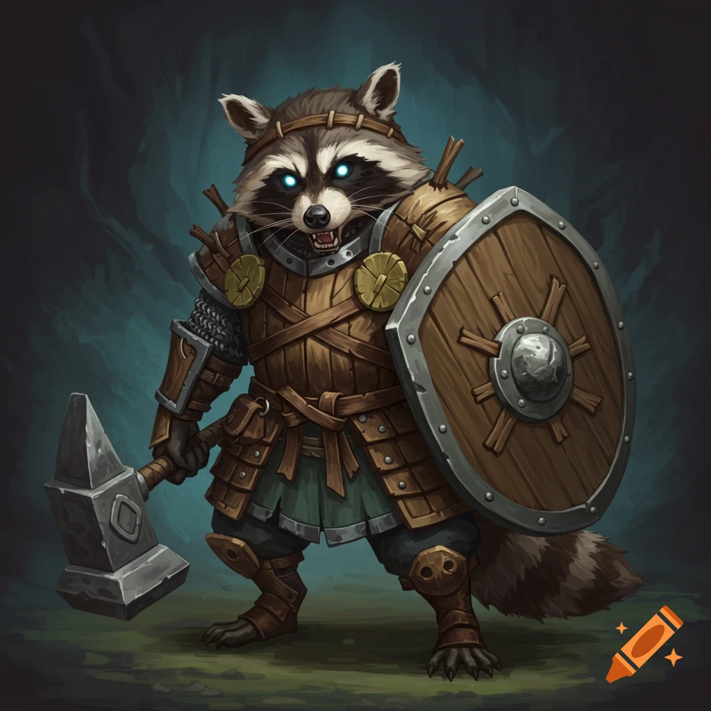 A raccoon warrior in splint armor holding a hammer and shield.