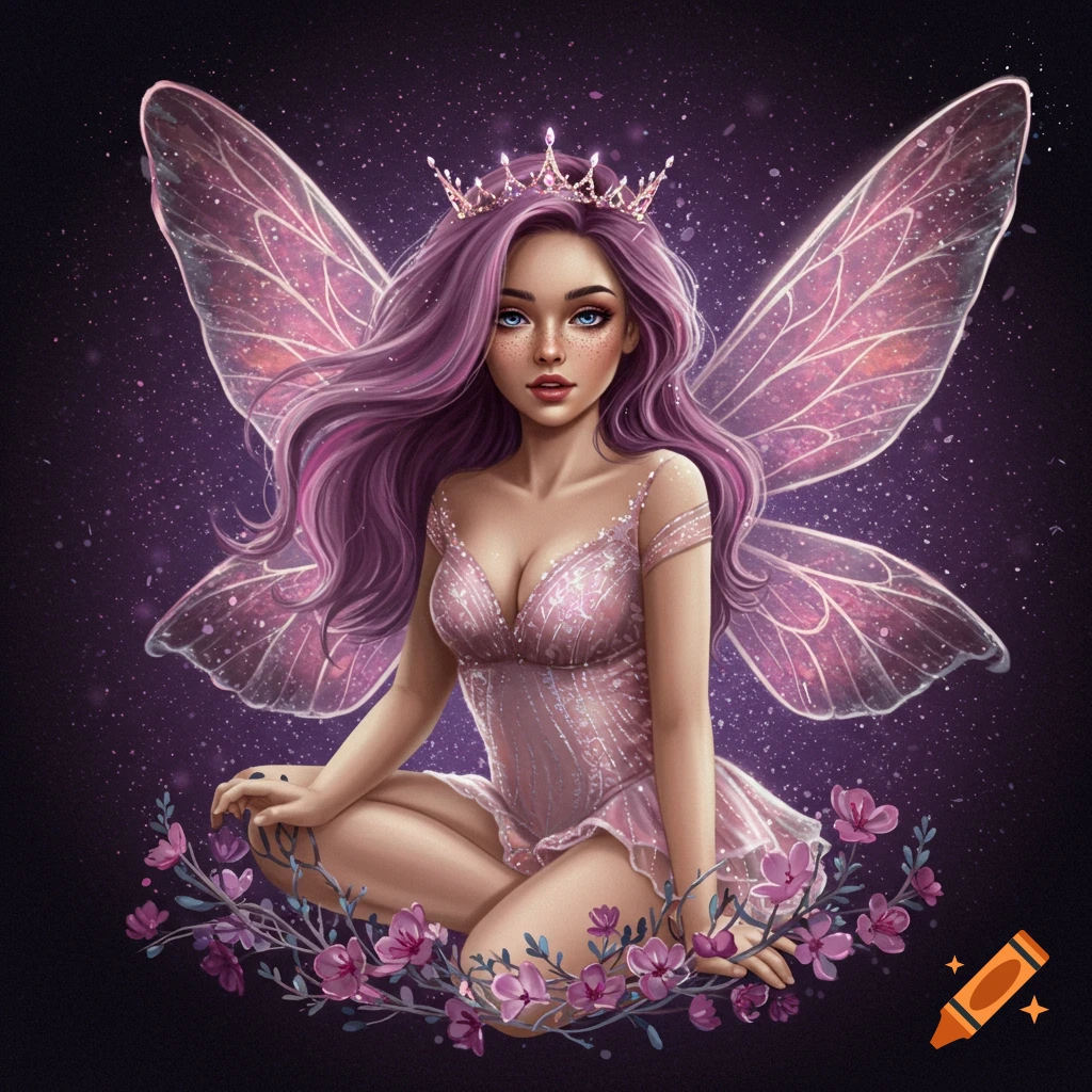 A fairy princess with purple hair and pink wings, sitting among flowers.