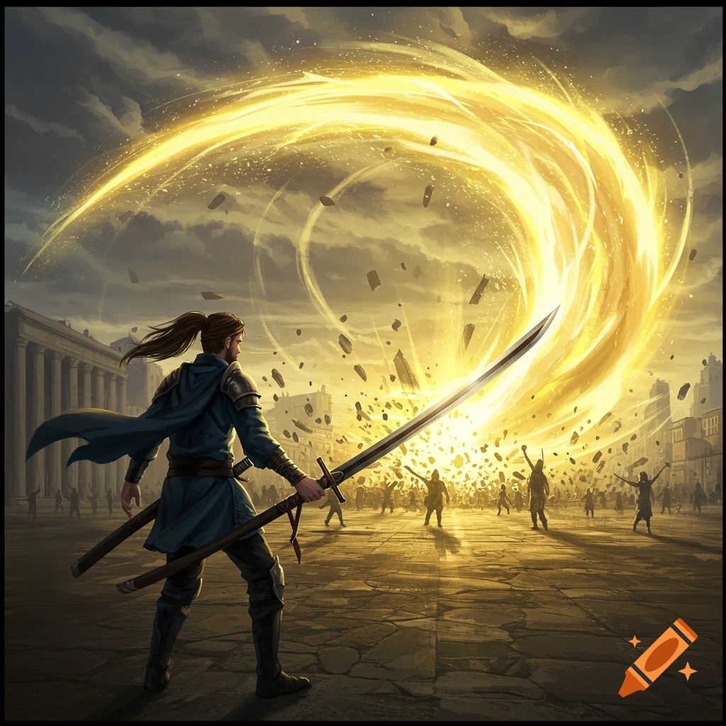 A warrior unleashes a golden energy wave from a sword in a chaotic city street.
