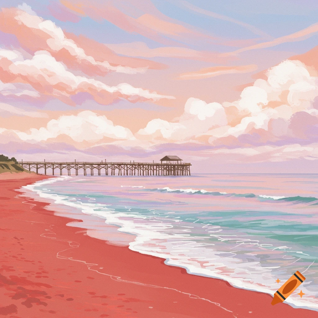 A beach with red sand and a pier at sunset, soft pastel colors