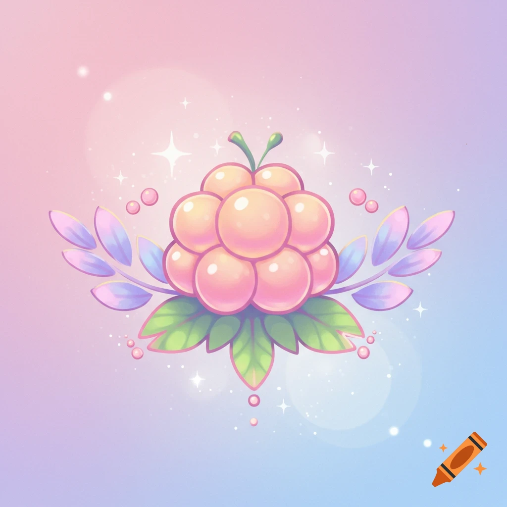 A pastel pink and purple stylized cloudberry emblem with green leaves, sparkles, and bubbles.