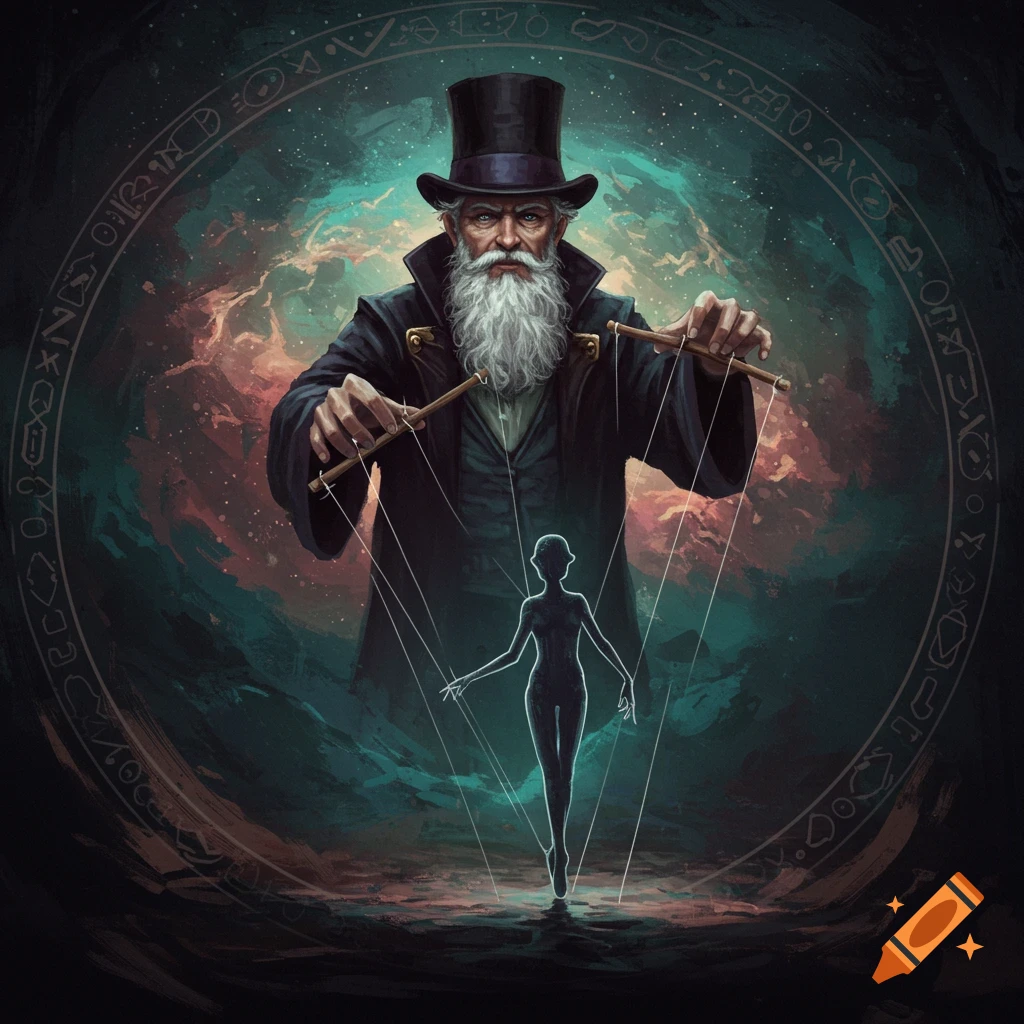 A puppet master controlling a silhouette figure surrounded by mystical symbols and a cosmic background.