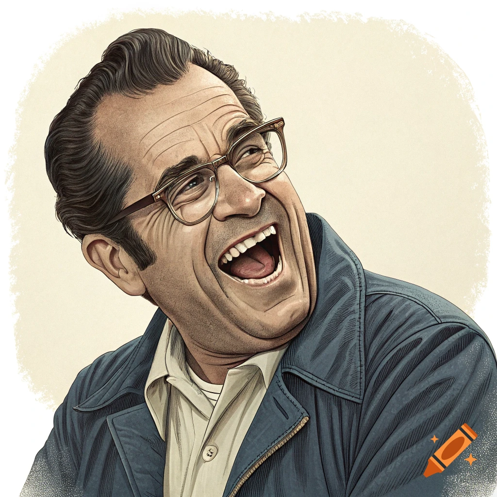 Stylized illustration of a man with glasses laughing uproariously, looking up and right.