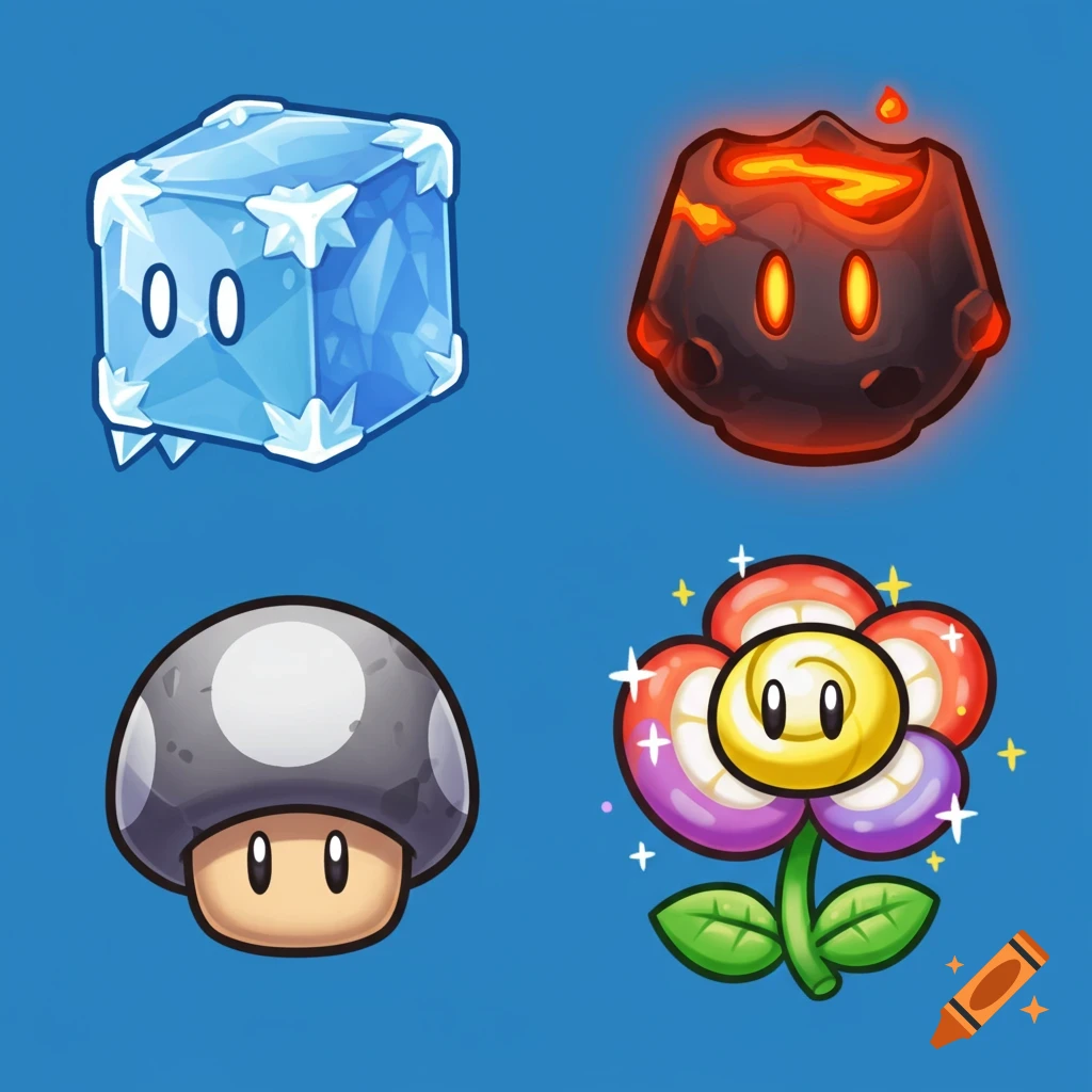 Four cartoon icons from Super Mario: an ice cube, lava rock, mushroom, and flower, on a blue background.