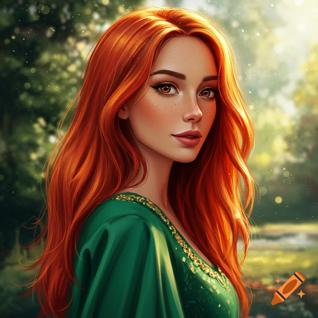 A red-haired woman in a green dress looks at the camera while standing in a fantasy forest setting.