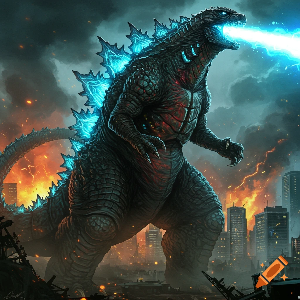 Godzilla breathing blue atomic breath over a destroyed city under a fiery sky.