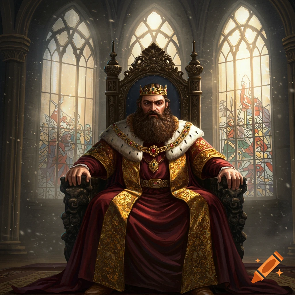 A bearded king sits on a throne in a hall with stained glass windows.