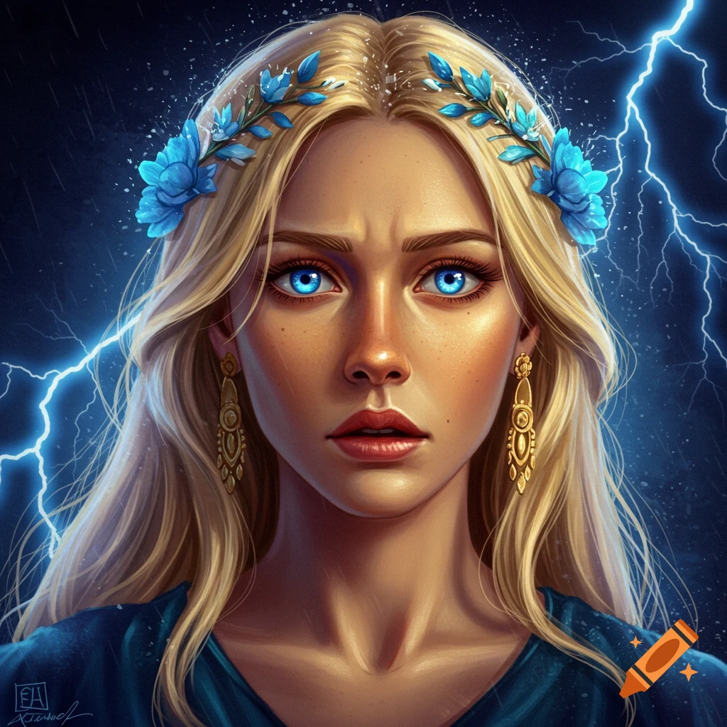 A woman with bright blue eyes and a flower crown, illuminated by lightning.