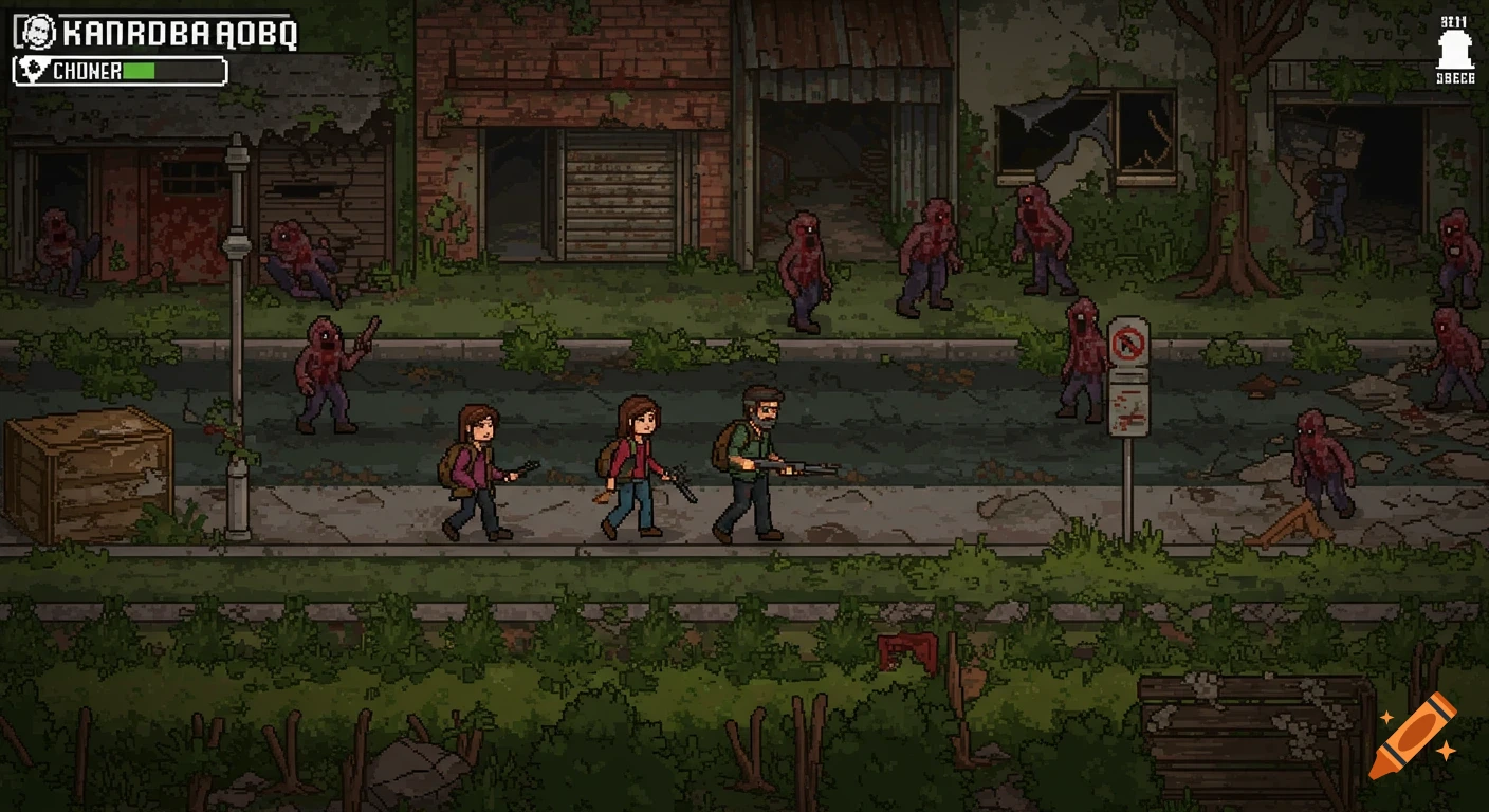 Pixel art top-down view of two people walking down a street lined with zombies in a ruined city. Looks like a game screenshot.