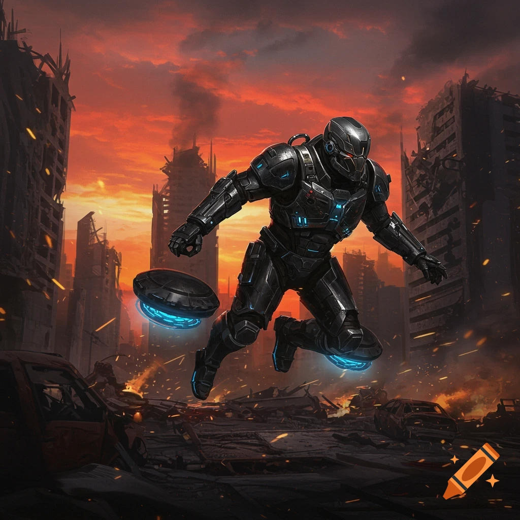 An armored warrior hovers over destroyed city ruins at sunset.