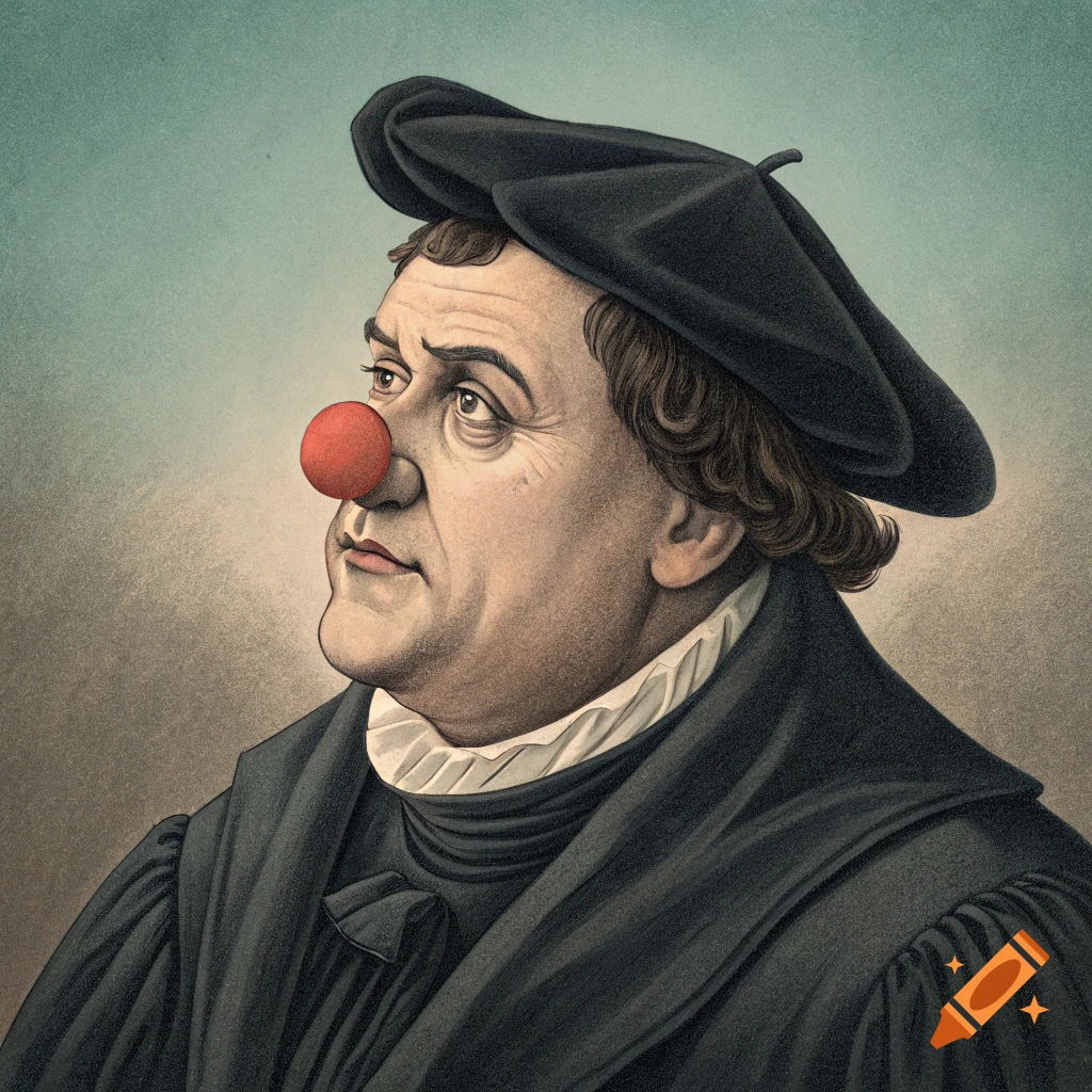 Illustration of a historical figure resembling Martin Luther, wearing a red clown nose, black hat, white collar, and black robe.