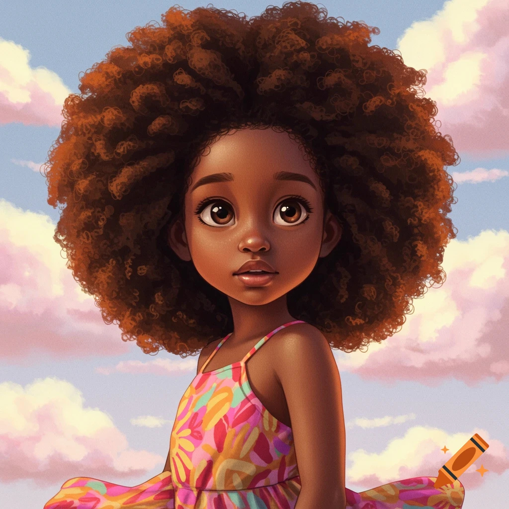 A young Black girl with big curly hair wearing a colorful sundress is shown against a cloudy sky.