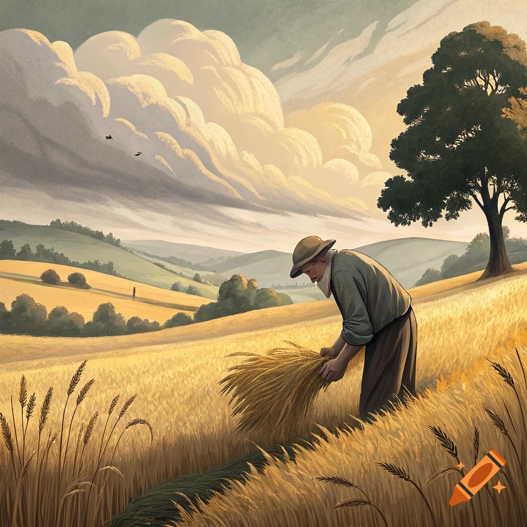A farmer gathers a large armful of wheat in a golden field at sunset. Rolling hills and a tree in the background.