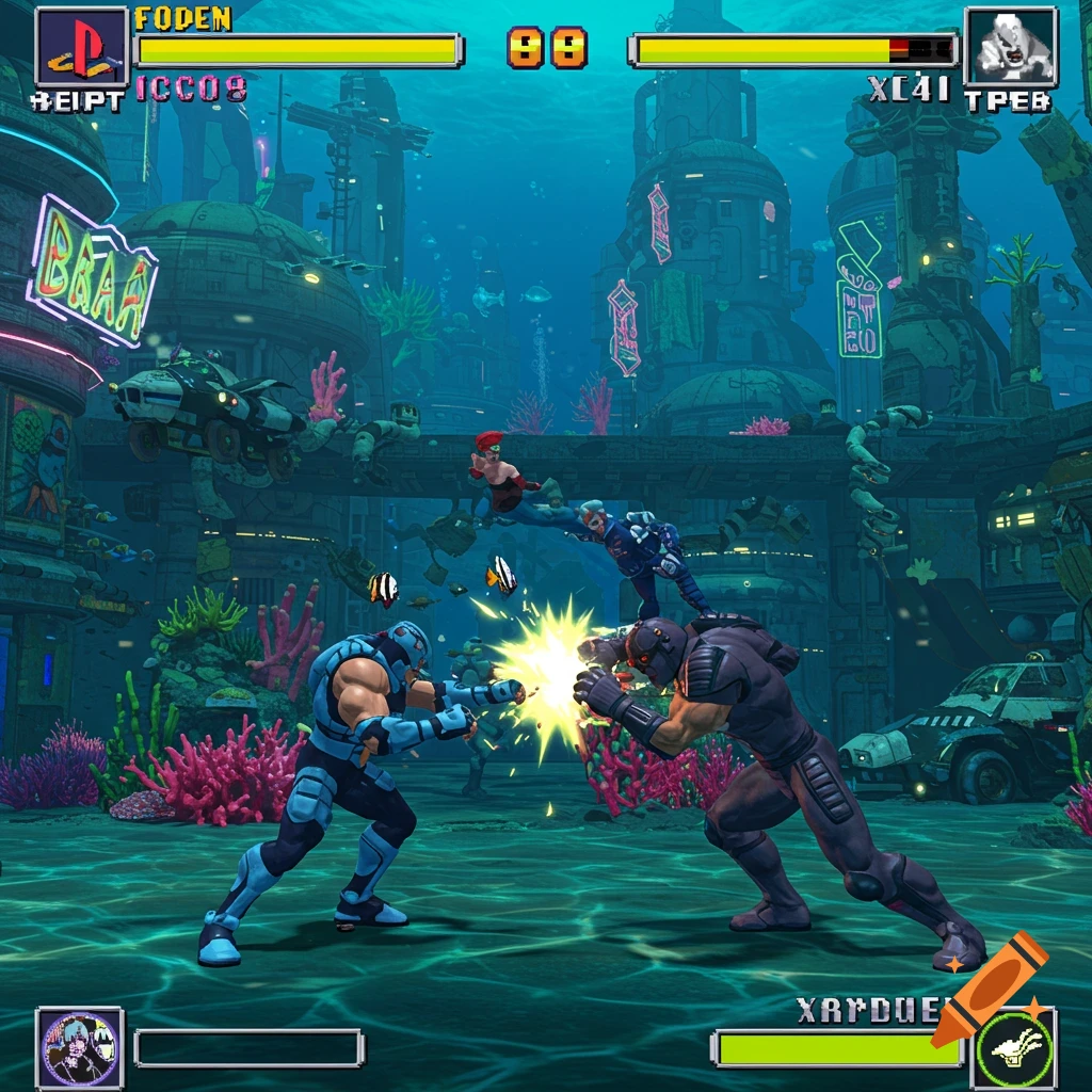 Screenshot of a 3D fighting game set in an underwater city, showing two characters battling.