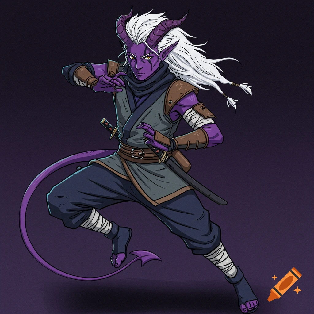 Purple-skinned tiefling character in ninja gear striking a dynamic pose, drawn in an anime style.