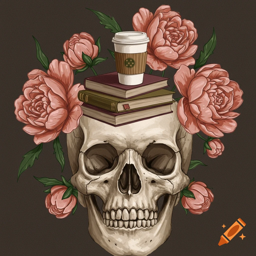 A skull rests amongst books, a coffee cup, and pink flowers on a dark background.