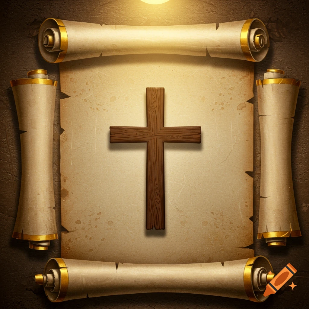 A wooden cross on an old scroll is framed by other scrolls.