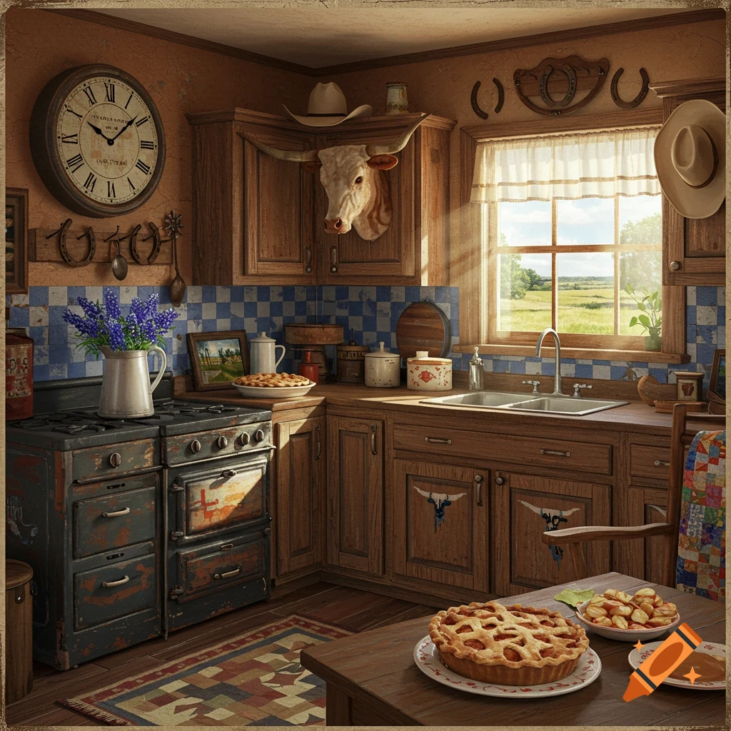 A rustic kitchen interior decorated in a Western style with a cow skull, hats, horseshoes, and a pie on the table.