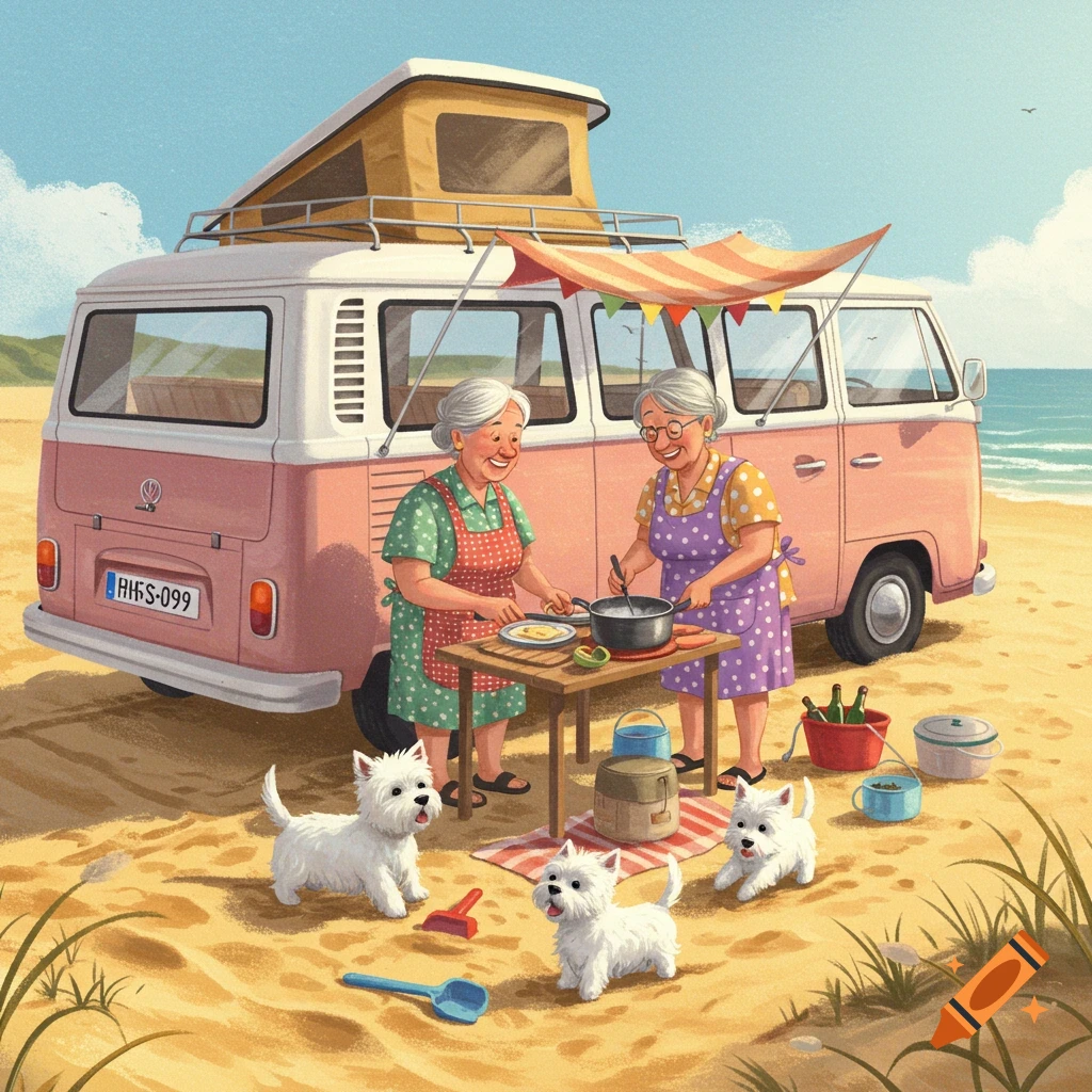 Two older women cooking next to a pink camper van on a beach with three white dogs.