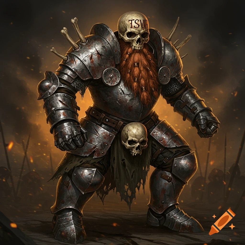A skeletal dwarf warrior in war-torn armor.