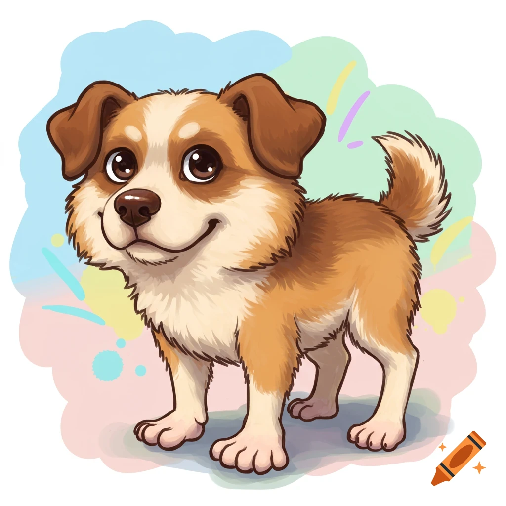 A cartoon puppy with paws like human feet, standing against a colorful background.