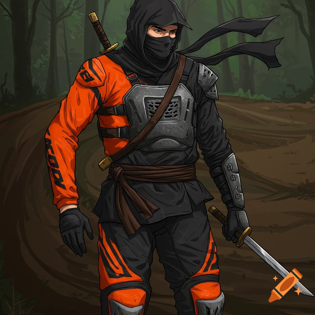 Image of a character in ninja and motocross gear holding a sword in a forest.