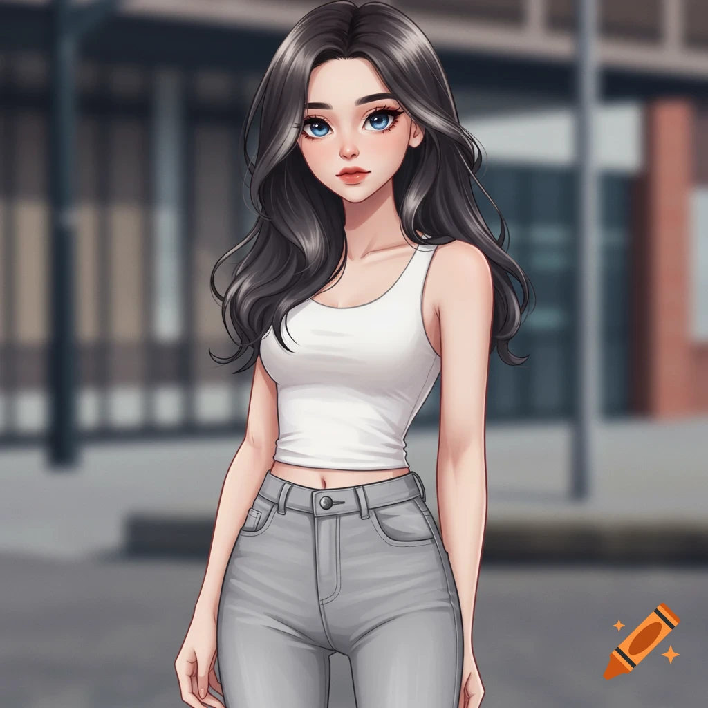 Anime-style woman with long dark hair, blue eyes, white tank top, and gray jeans, standing outdoors.