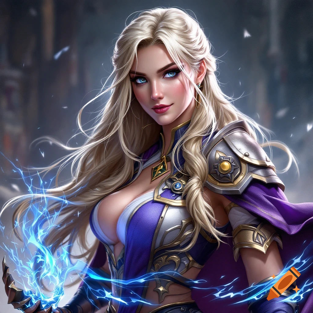 A female fantasy character with blonde hair and blue eyes, wearing purple and silver armor, casting blue lightning.