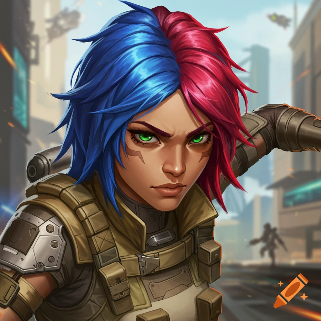 A woman with split blue and red hair and green eyes, wearing tactical gear in a sci-fi city.