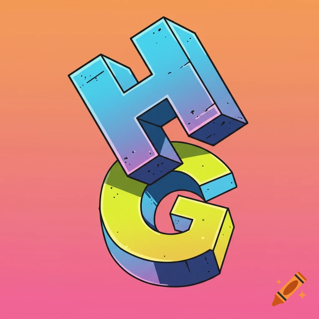 Stylized 3D blue letter H above a green letter G on a pink and orange gradient background.