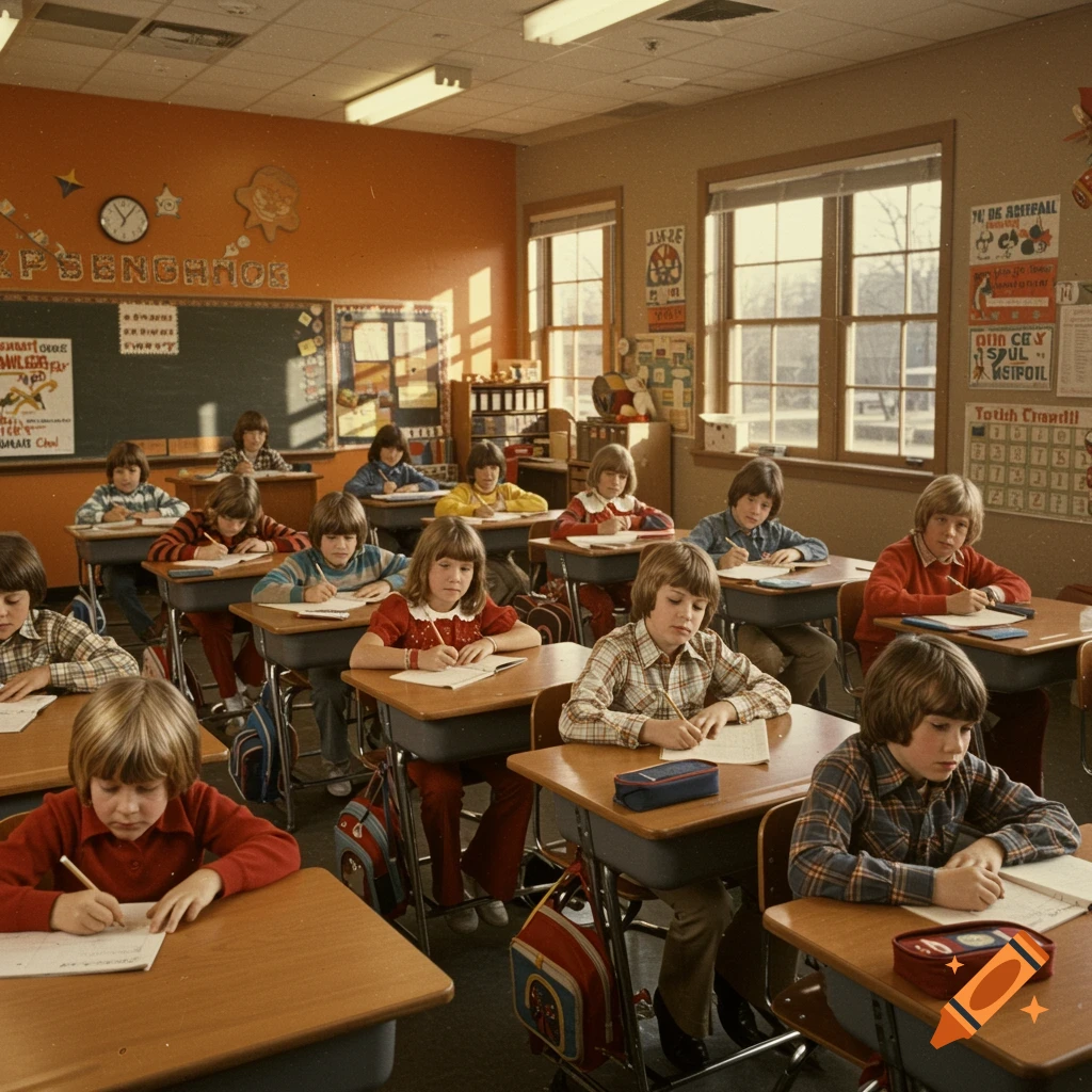 A vintage photo of students sitting at desks in a 1970s classroom.