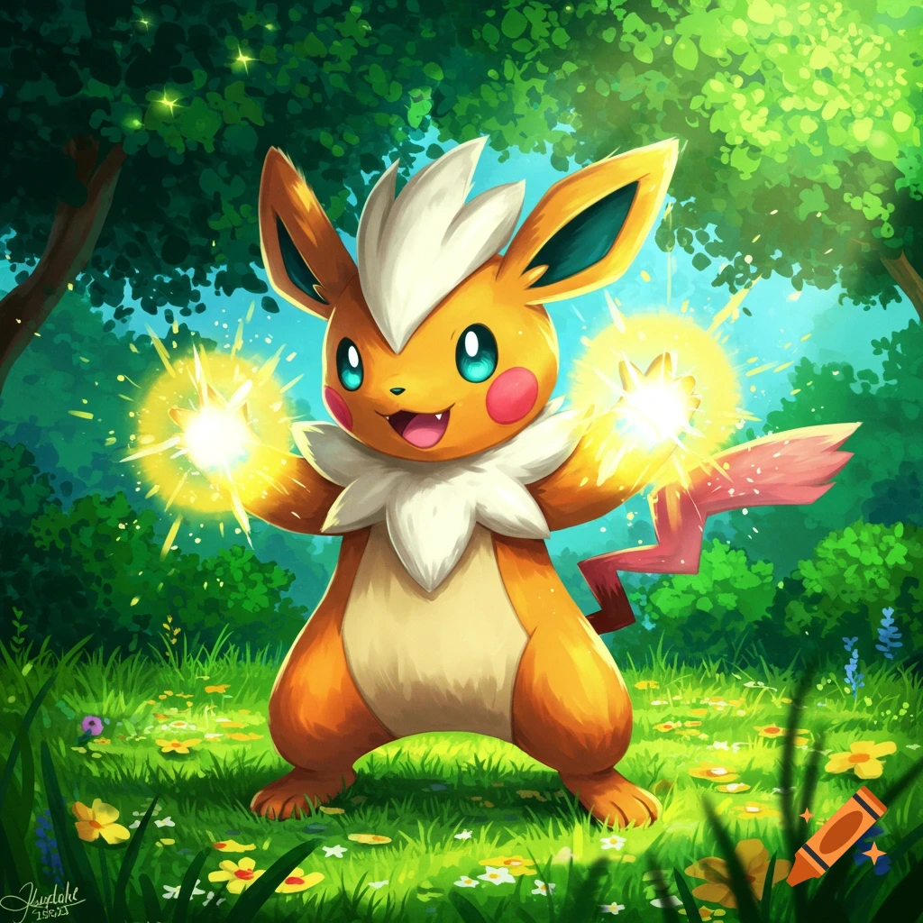 A yellow Pokemon-like creature in a forest casting glowing energy spells.