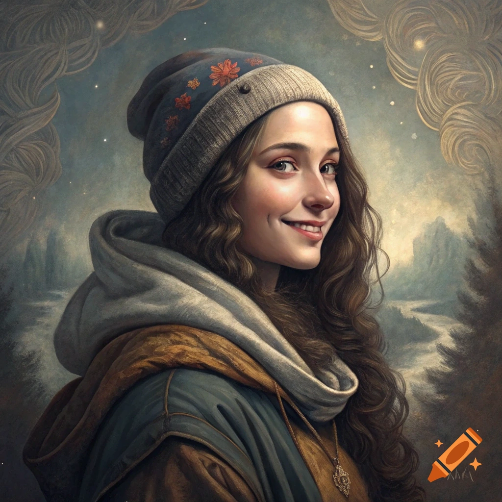 Portrait of a smiling woman in winter clothing and beanie in a snowy landscape, painted style.