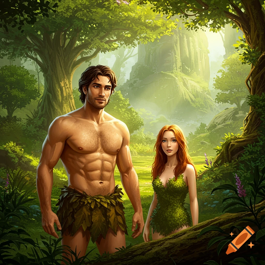 Adam and Eve stand in the Garden of Eden