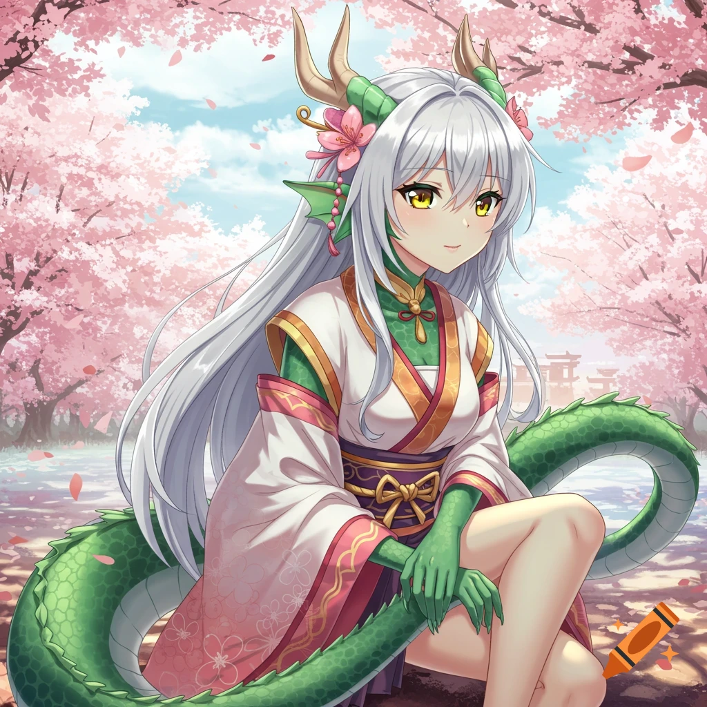 Anime dragon girl with white hair and green scales sitting among cherry blossoms.