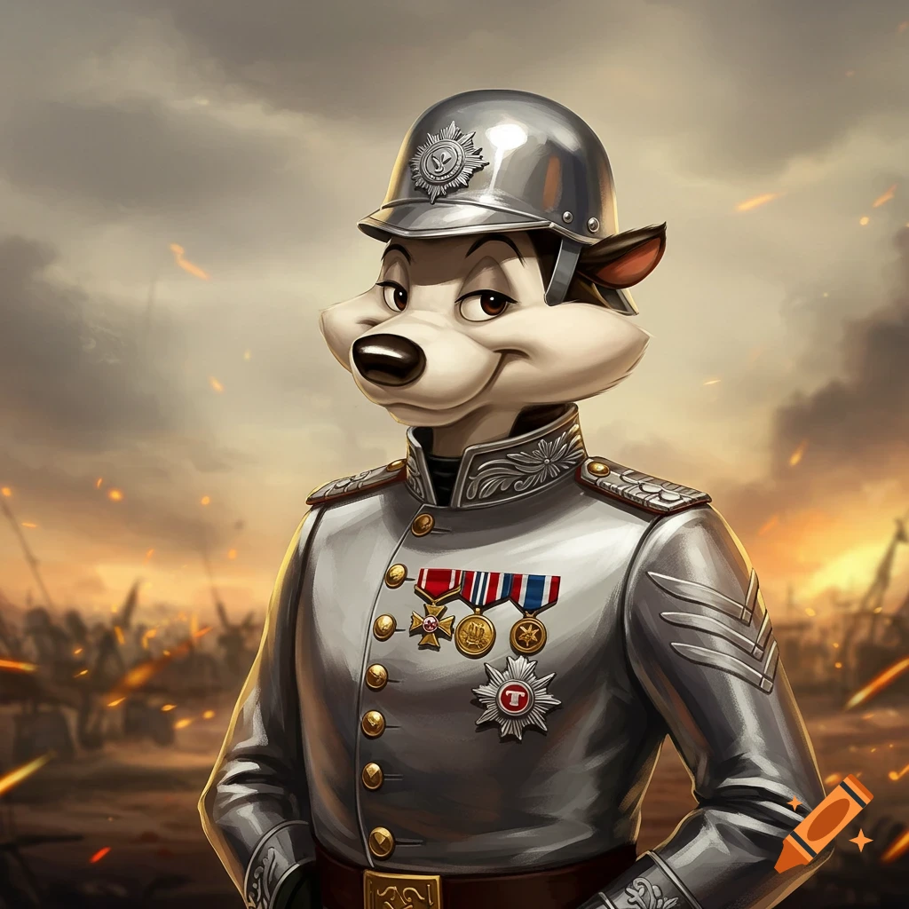 A cartoon skunk in a silver military uniform stands against a battlefield background.