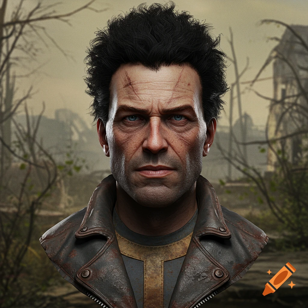Portrait bust of a man with scars and curly black hair in a leather jacket, against a blurred post-apocalyptic background.