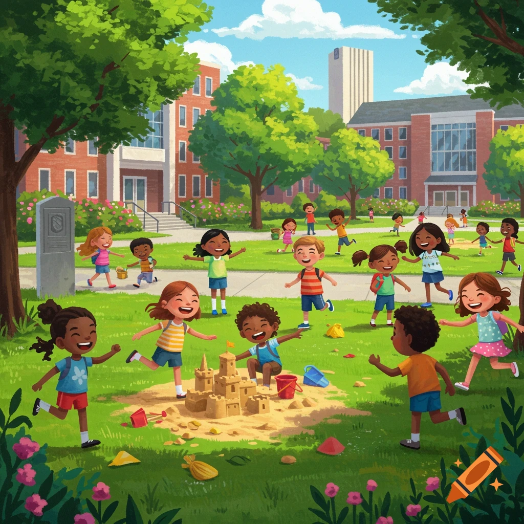 Diverse children play on a sunny campus lawn in a vibrant illustration style.