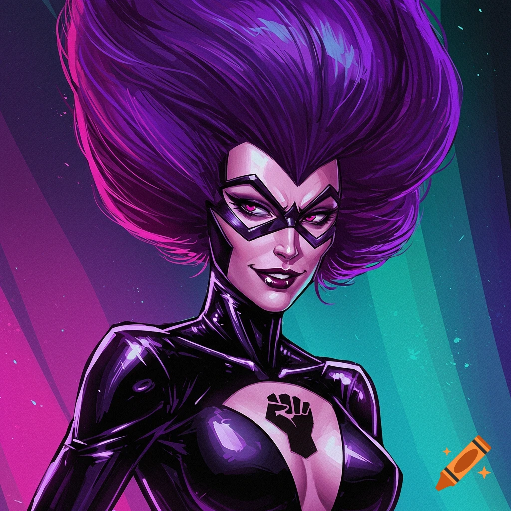 A female supervillain with purple hair and a mask.
