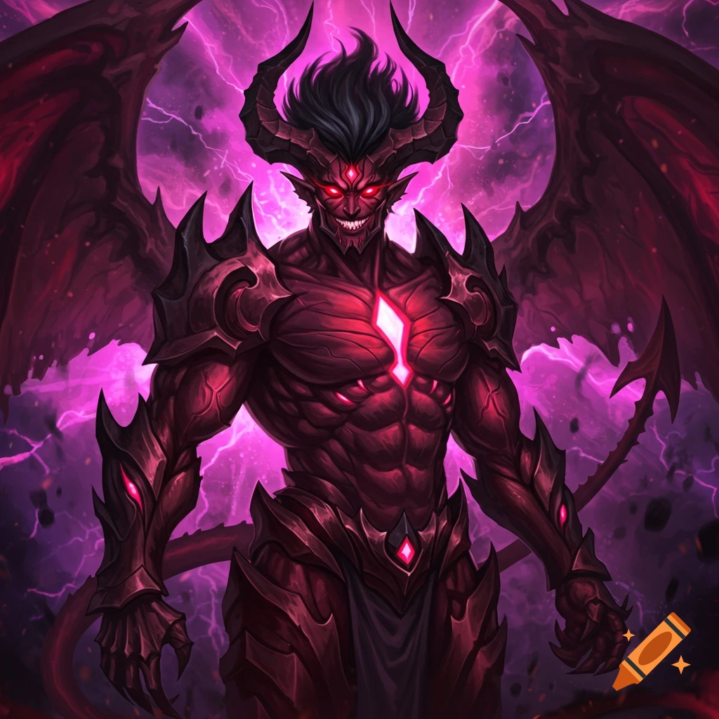 A red devil character with horns, wings, and armor, glowing eyes, with a purple stormy background.