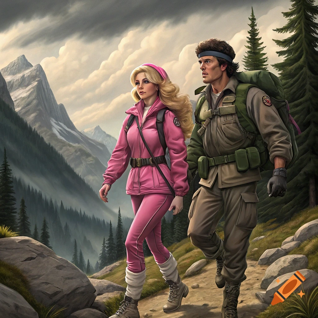 A man and a woman hike up a mountain trail. She wears a pink tracksuit, he wears a green military-style outfit.