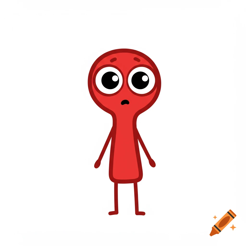 Red cartoon character with large eyes