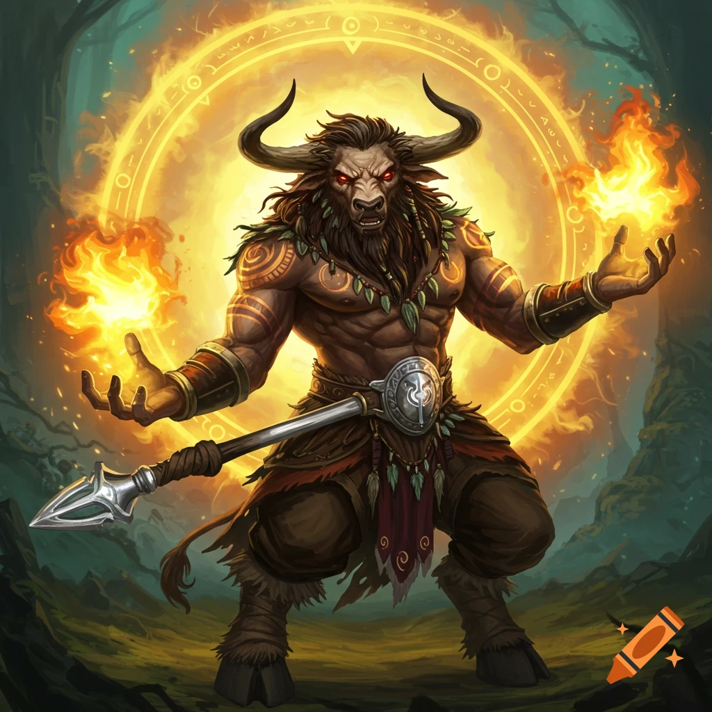 A muscular Minotaur Druid with fiery hands and eyes, holding a staff, within a glowing rune circle in a forest.