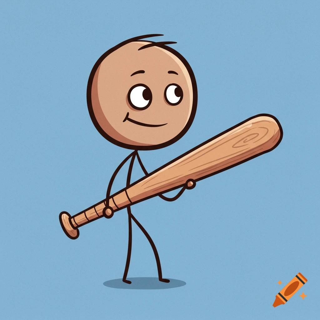 A stick figure character holding a baseball bat on a blue background in a cartoon style.