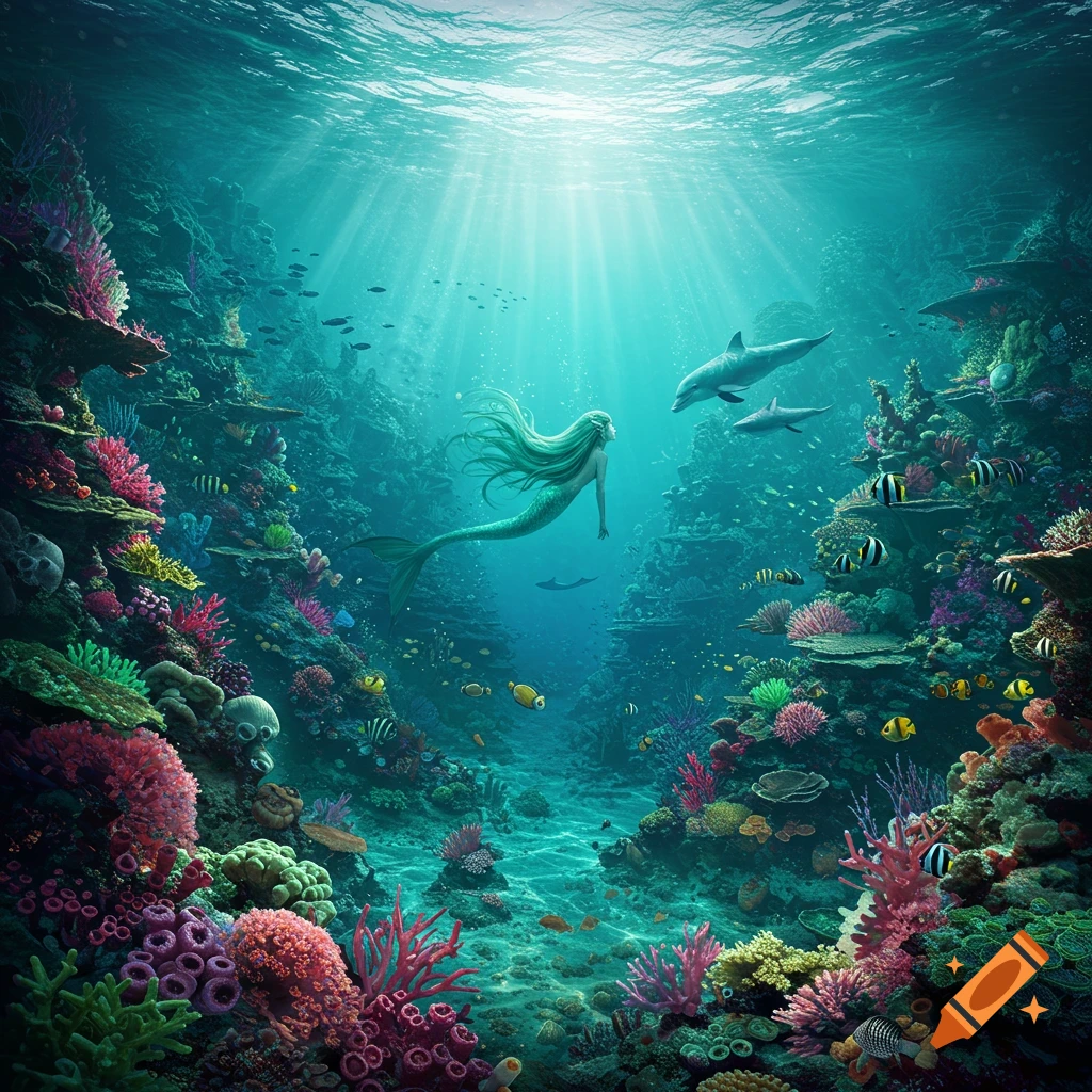 A mermaid swims in a sunlit underwater coral reef scene with dolphins and fish.
