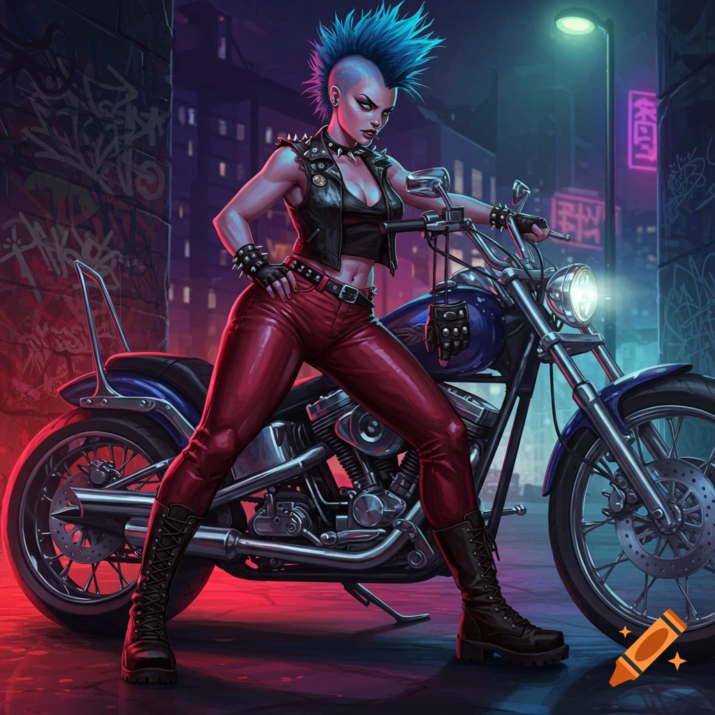 A punk woman with blue mohawk is leaning on a motorcycle in a dark city street.